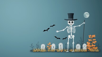 Obraz premium Coloring Book Halloween Skeleton An open coloring book showing a friendly skeleton wearing a top hat and holding a cane dancing among tombstones with a full moon and bats in the background.