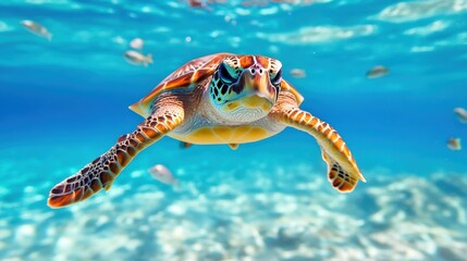 Obraz premium Graceful Sea Turtle Swimming in Clear Ocean Water