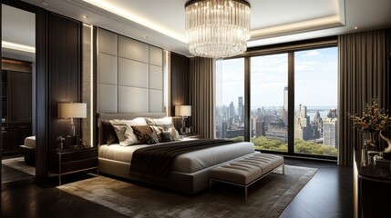 Fototapeta premium High-end bedroom featuring a sleek platform bed, statement chandelier, and lush bedding