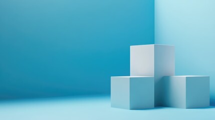 Obraz premium Modern Product Platform in Minimalist Studio Set with Geometric Blue Cube Background