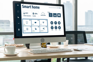 Smart home technology, centric remote control system with digital dashboard for air conditioning, safety security network or house automation. App software, ui panel programming IOT monitor snugly