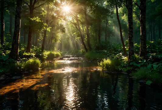 Morning in the forest on the river bank