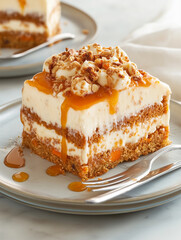 Delicious Slice of Carrot Cake with Cream Cheese Frosting. Close-up of a slice of carrot cake with rich cream cheese frosting. AI Generative