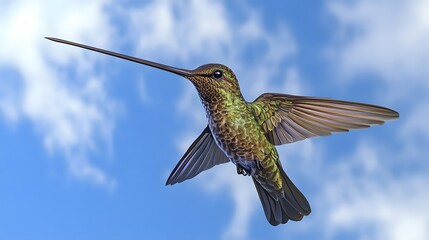 Fototapeta premium Sword-billed Hummingbird Flying in Nature Under Blue Sky, Photo Realistic, Wallpaper, Cover and Screen for Smartphone, PC, Laptop, 9:16 and 16:9 Format