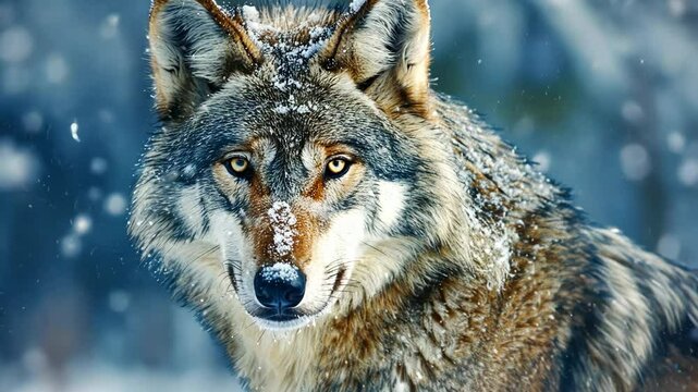 A wolf stands in the snow, its fur covered in white flakes, as it gazes intently into the distance