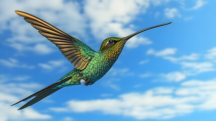 Obraz premium Sword-billed Hummingbird Flying in Nature Under Blue Sky, Photo Realistic, Wallpaper, Cover and Screen for Smartphone, PC, Laptop, 9:16 and 16:9 Format