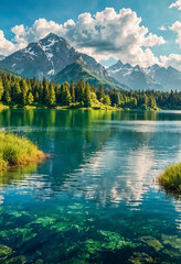 Clean transparent mountain lake among green trees