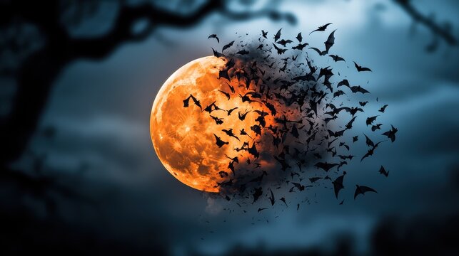 A full moon partially obscured by a swirling cloud of bats their high pitched squeaks echoing through the night as they dance and dive through the sky.