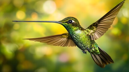 Fototapeta premium Sword-billed Hummingbird Flying in Nature Under Blue Sky, Photo Realistic, Wallpaper, Cover and Screen for Smartphone, PC, Laptop, 9:16 and 16:9 Format