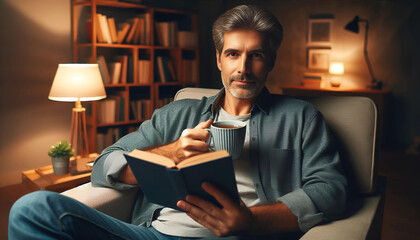 homem de meia-idade está confortavelmente sentado em uma poltrona, segurando um livro e um chá quente