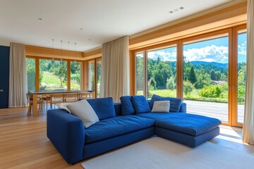 Modern Living Room Design with Blue Couch and Beige Color Scheme