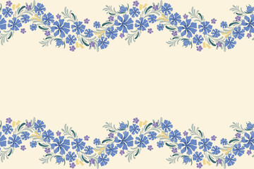 Blue Floral pattern wallpaper vintage seamless embroidery Ikat textured minimal flowers on white background border  ethnic motif traditional. Aztec style abstract vector illustration.