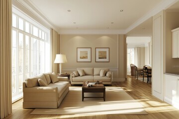 Contemporary Living Room with Beige Furniture and Bright Walls. Modern Interior Design for Relaxation Concept