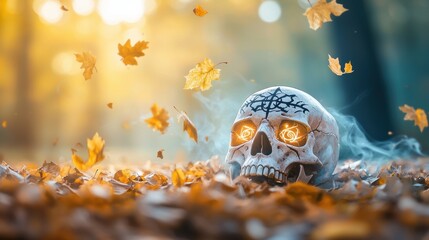 A weathered skull adorned with glowing runes rests on a bed of autumn leaves ethereal mist swirling around its base.
