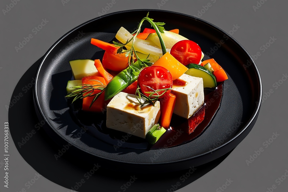 Aufkleber geometric representation of vegetarian stir-fry, using abstract shapes to depict tofu and vegetables