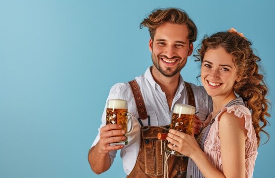 A man and a woman are smiling and holding up their beer mugs. The man is wearing a hat and the woman is wearing a dress. Octoberfest, beer festival concept - Powered by Adobe