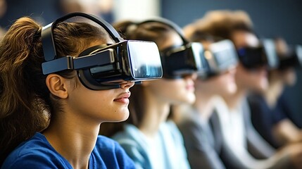 Group of young students wearing vr headsets are immersed in a virtual reality experience. They are sitting in a row and wearing casual clothing