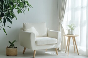 Modern and Minimalistic Living Room Design with Armchair and Decor in White Color