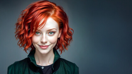 A smiling red-haired model with copy space