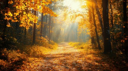 Fototapeta premium A serene forest path blanketed in golden leaves, with soft sunlight streaming through the trees, creating a peaceful and picturesque autumn scene that evokes a sense of tranquility and natural beauty