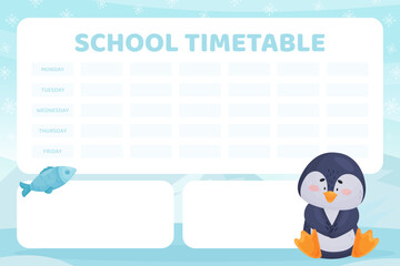School Timetable with Cute Penguin Character Vector Template