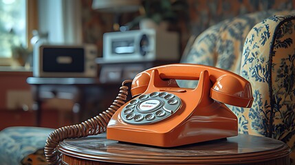 A vintage orange rotary dial telephone sits on a wooden end table next to a floral armchair.