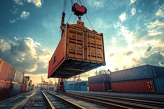 Industrial crane lifts a container in a busy freight train terminal, showcasing global shipping and logistics. Machinery operates as workers load and unload for storage and distribution