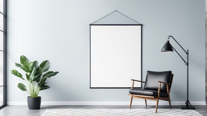 A minimalist interior featuring a chair, lamp, plant, and empty frame on a wall.