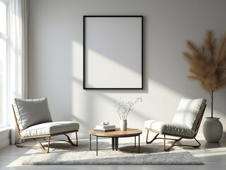 Elegant Mockup Frame Displayed in a Bright Modern Interior: Contemporary White Room with Stylish Furniture and 3D Rendered Artwork for Home Decor Inspiration