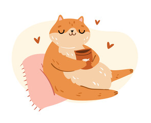 Cute orange cat character eating