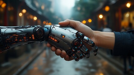  Robot hand shaking with a human: a symbol of future business cooperation. Combining artificial intelligence and human touch for technological evolution. 