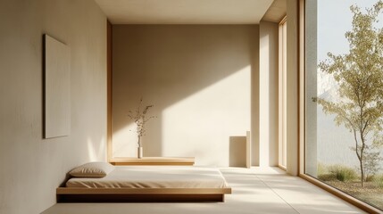 Fototapeta premium Minimalist bedroom with a single bed, light wood furniture, and a large window for natural lighting.