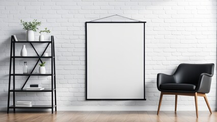 A minimalist interior featuring a blank wall frame, chair, and shelf for decor.