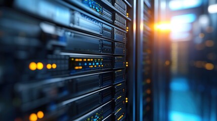 close-up view on server rack with data and connection lights in dark room background, abstract blurred banner for web design or graphic presentation
