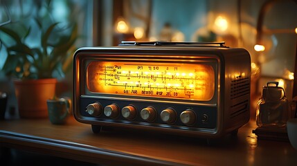 Obraz premium A vintage radio with glowing dial lights sits on a wooden table with a potted plant and other decor.