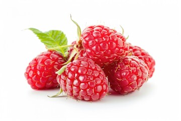 A bundle of fresh raspberries with leaves on top, ideal for use in food or nature-themed images