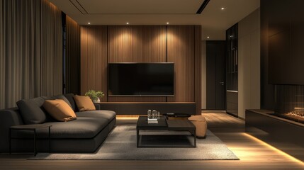 Elegant Living Room Interior with Modern Wall Cabinet and TV Screen