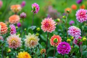 Fototapeta premium A vibrant field of various colored flowers on green grass