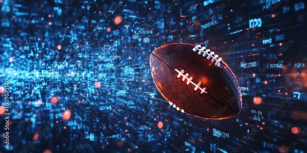Poster futuristic digital abstract 3d background with floating football and dynamic light patterns