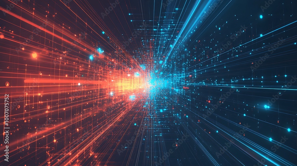 Poster Abstract digital tunnel with glowing lines and particles.