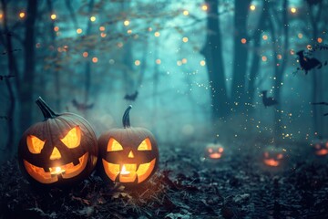 Obraz premium Two carved pumpkins sit on the ground in a woodland setting, perfect for Halloween or fall-themed designs