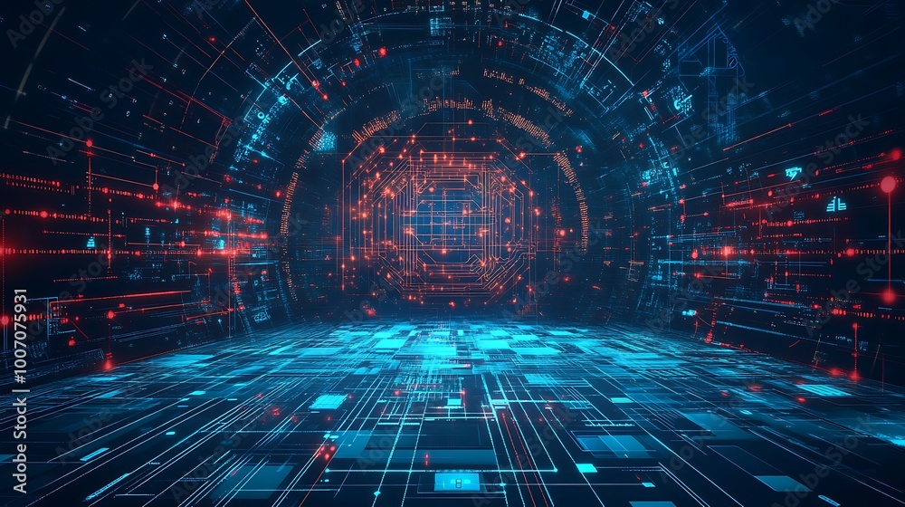 Aufkleber Abstract digital tunnel with glowing lines and data streams.