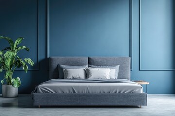 Modern Blue Bedchamber Interior Design with Gray Bed and Velvet Armchair