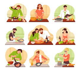 Fototapeta premium People Character Cooking and Meal Preparing at Kitchen Vector Set