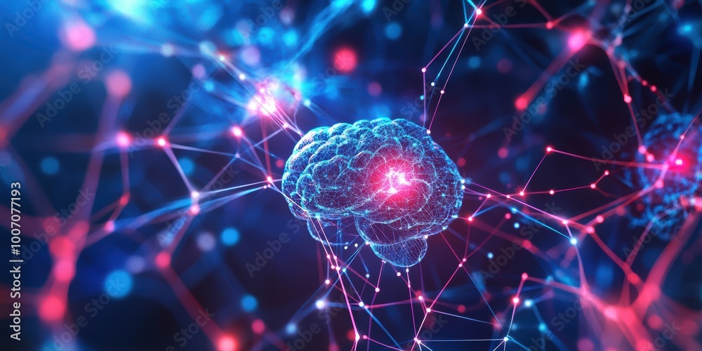Poster modern digital abstract 3d background with brainwave patterns and interconnected neurons representin