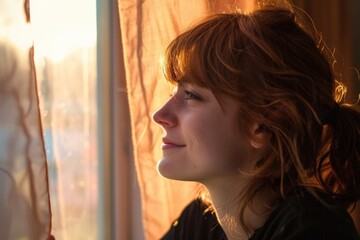 Fototapeta premium A person gazing out a window at the morning sunlight