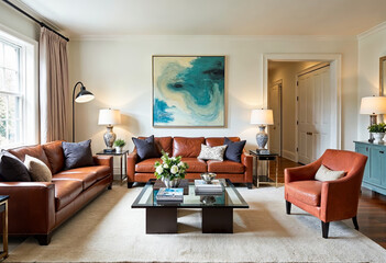 Bright living room interior with leather furniture abstract painting and large window
