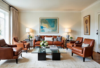 Elegant living room interior design with leather furniture neutral colors and large windows