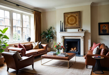 Fototapeta premium Elegant Living Room Interior Design With Leather Furniture Fireplace And Large Windows