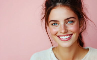 Naklejka premium Closeup portrait of a young woman with beautiful white teeth smiling against a pink background, with copy space. Horizontal banner for dentist website or dental care concept